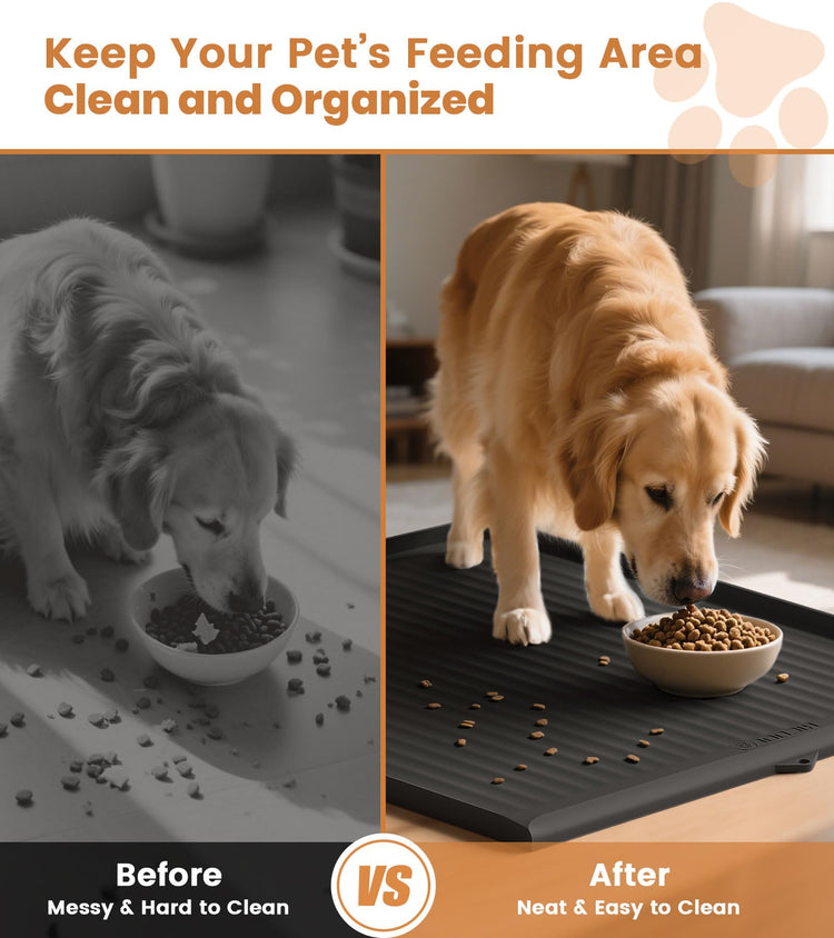 Dog Food Mat 36"x24", Waterproof Pet Feeding Mat with Diversion Grooves and Raised Edges, Large Non-Slip Dog Bowl Mat for Food and Water, Cat Food Mat for Floors, Easy to Clean, Grey