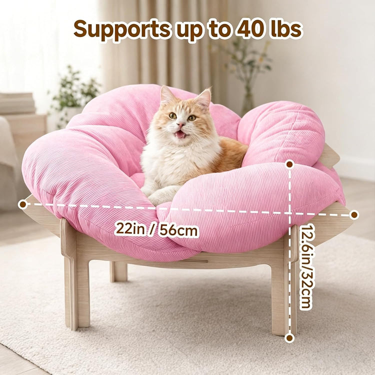 Pet Bed，Large Flower-Shaped Pet Bed for Cats & Small Dogs - Solid Wood Base, Modern Luxury High-Leg Pet Sofa with Removable Mattress, Indoor Lounge, Easy to Assemble, Space-Saving Design