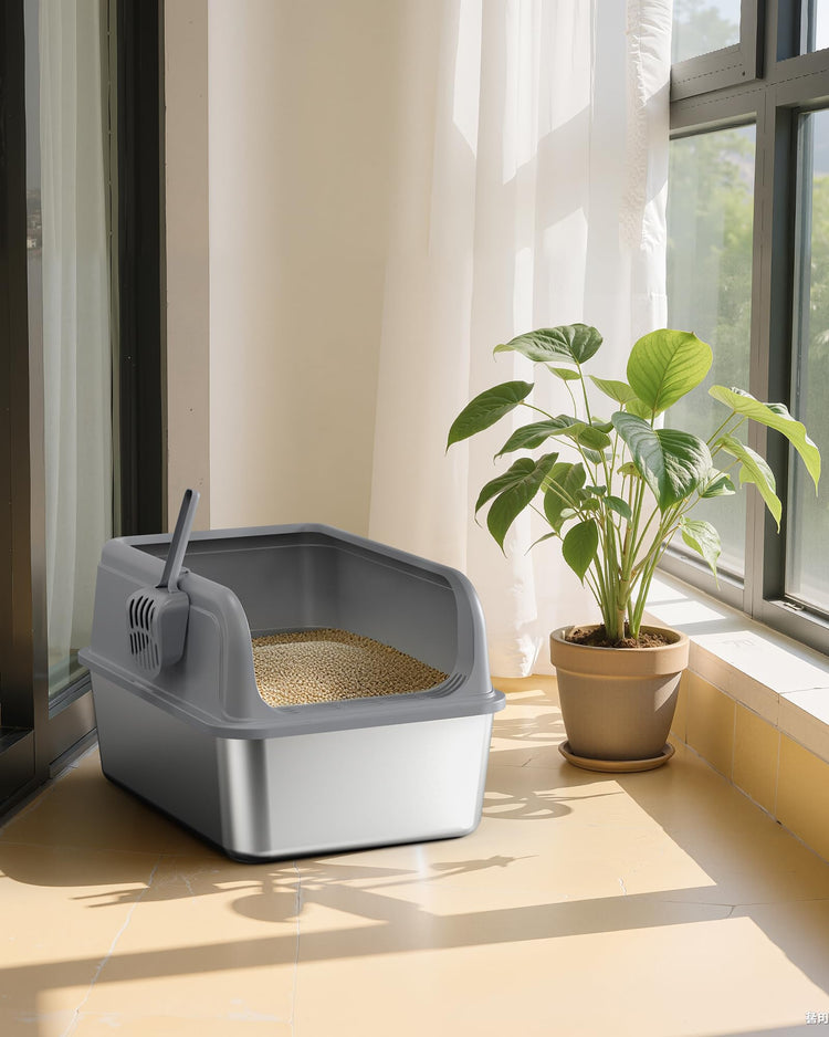 Powools Stainless Steel Cat Litter Box, Metal Litter Box with Scoop, High- Sided, Anti-Leakage Top Entry, Non-Sticky, Easy to Clean, Grey, M (1 Pack)