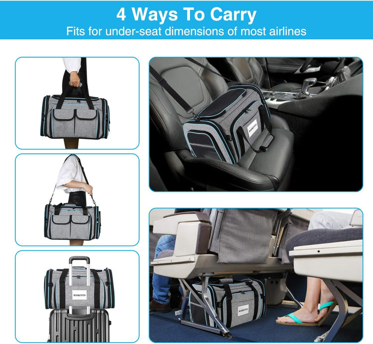 Airline Approved Pet Carrier, Large Soft Sided Pet Travel TSA Carrier 4 Sides Expandable Cat Collapsible Carriers with Removable Fleece Pad and Pockets for Cats Dogs and Small Animals