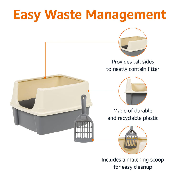 Amazon Basics Large Cat Litter Box with High Sides, Open Top for Easy Access, Includes Scoop with Storage, 19" x 15" x 11.75", Grey/Beige