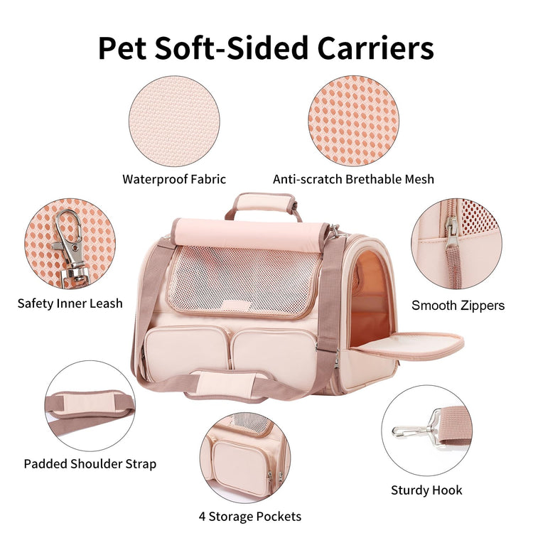 FUKUMARU Cat Carrier, Soft-Sided Small Dog Carrier, Large Cat Travel Bag with 4 Mesh Windows, Under 15 lb Airline Approved Pet Carrier with 4 Storage Pockets, Rollable Cover for Nervous Cats, Grey