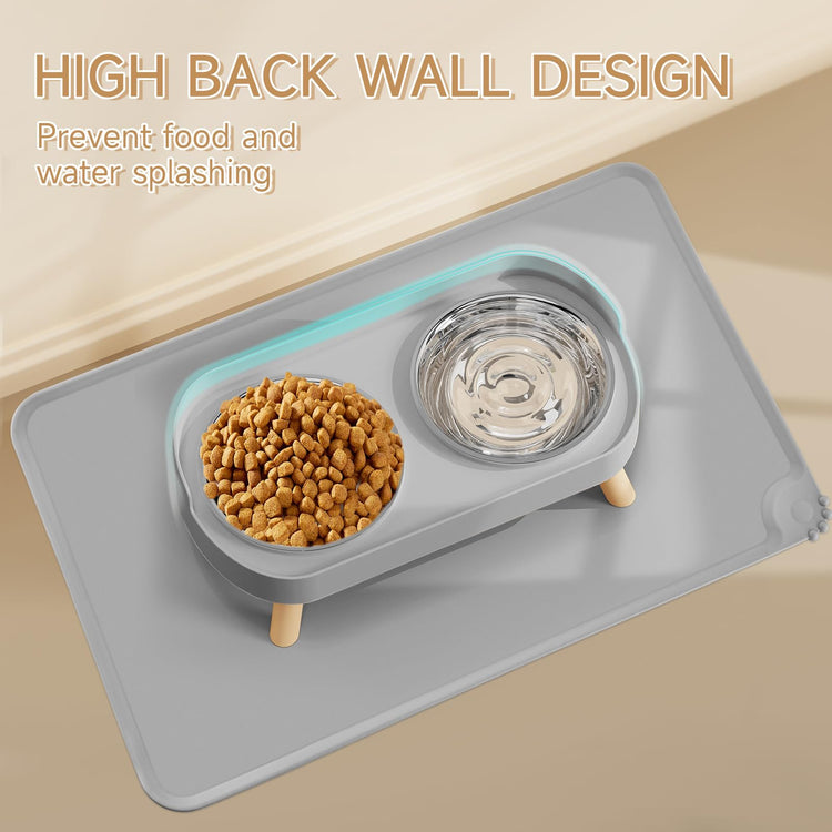 Elevated Cat Bowl, Raised Cat Food and Water Bowl Set for Indoor Cats, Splash Proof with 2 Stainless Steel Pet Food Bowls for Cats and Puppies, Whisker Fatigue and Dishwasher Safe - White