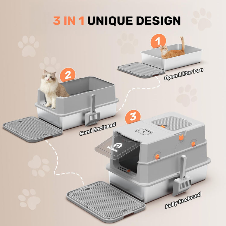 Stainless Steel Litter Box with Lid, Anti-Leakage Enclosed Metal Litter Box, Flip-Top Extra Large Kitty Litter Pan with Scoop & Pedal, Odor Free, Front & Top Dual Entry, Black