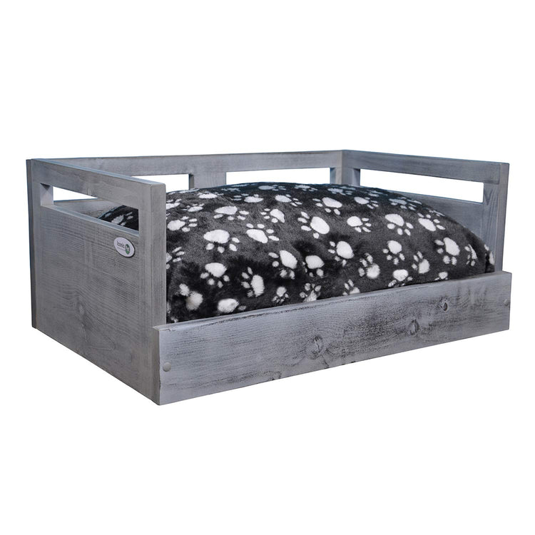 Iconic Pet Sassy Paws Wooden Pet Bed with Paw Printed Comfy Cushion for Dogs & Cats in Varying Sizes & Colors, Small-Rustic Brown