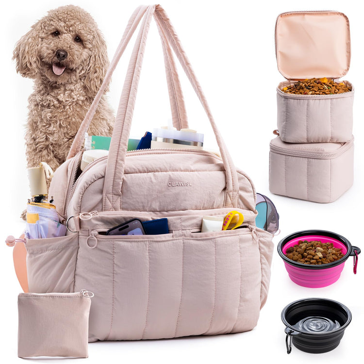 Dog Travel Bag for Supplies, Airline Approved Pet Travel Organizer with 2 Food Containers & Collapsible Bowls, Large Capacity Dogs Tote Bag for Weekend, Stylish Dog Mom Gift for Pet Lovers