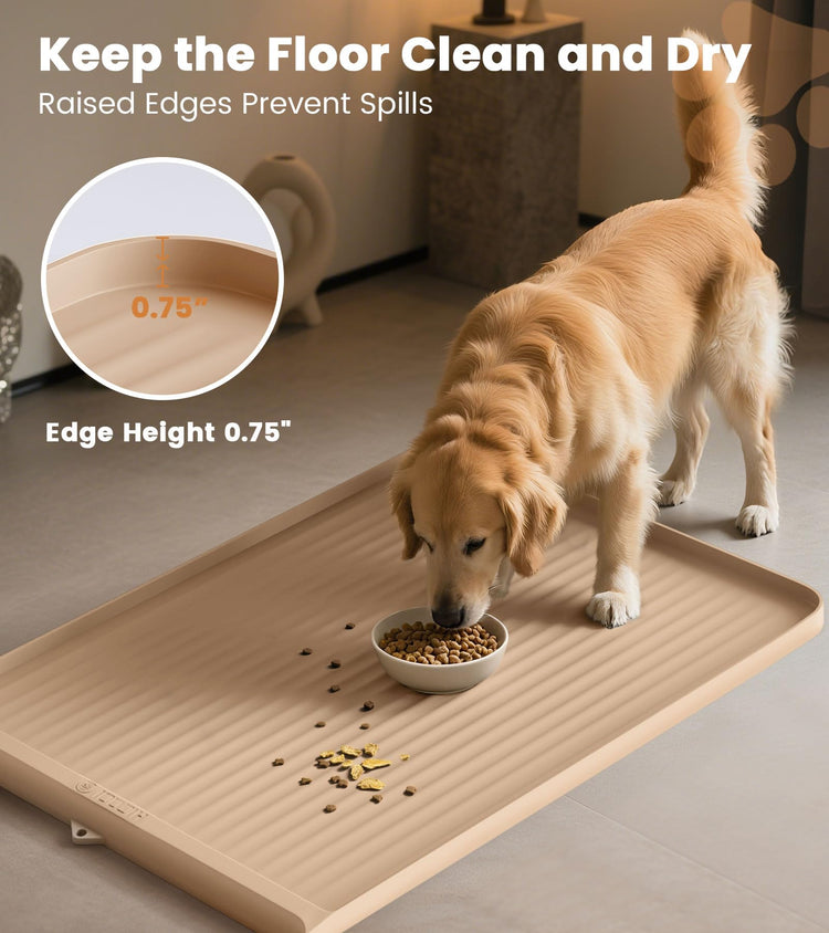 Dog Food Mat 36"x24", Waterproof Pet Feeding Mat with Diversion Grooves and Raised Edges, Large Non-Slip Dog Bowl Mat for Food and Water, Cat Food Mat for Floors, Easy to Clean, Grey