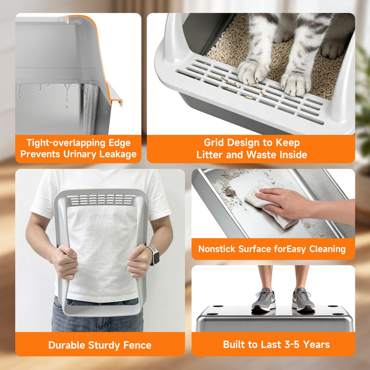 Stainless Steel High Sides Cat Litter Box with Scoop, Open Top Litter Pan for Indoor Cats, Easy to Clean, Reduced Litter Scatter, Medium