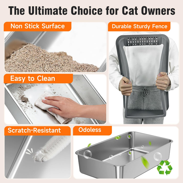 2PACK Stainless Steel Cat Litter Boxes, XL Large Metal Litter Box with High Sides Lid, Odor Free Litter Pan Include Scoop Easy Cleaning Anti-Scratch Kitty Cat Box Anti-Urine Leakage, Non-Sticky