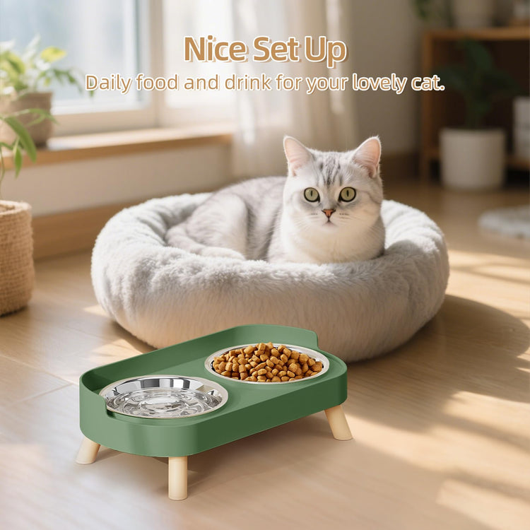 Elevated Cat Bowl, Raised Cat Food and Water Bowl Set for Indoor Cats, Splash Proof with 2 Stainless Steel Pet Food Bowls for Cats and Puppies, Whisker Fatigue and Dishwasher Safe - White