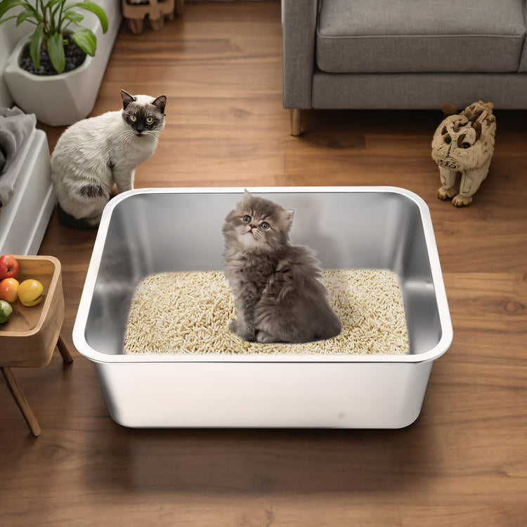 Stainless Steel Cat Litter Box - Large Metal High-Sided Pan for Cats, Pets, Non-Stick, Odor-Free, Easy to Clean, Splash-Proof, Durable (17.7" L x 13.8" W x 6" H)
