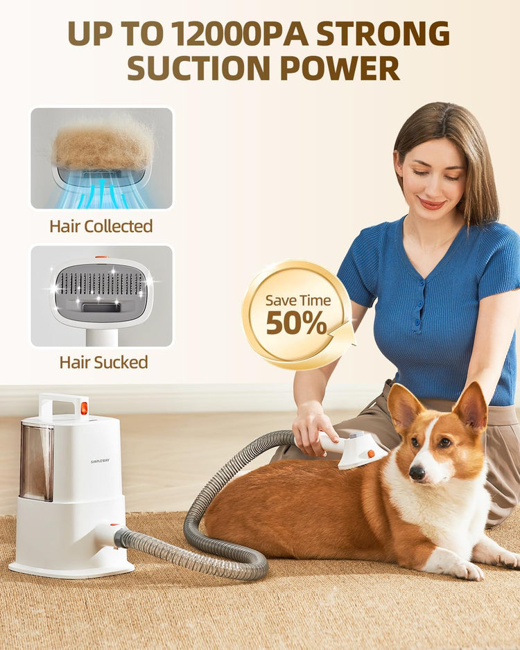 Dog Grooming Vacuum Kit for Shedding: Pet Hair Remover with Quiet Suction Cleaners and Large Capacity Dustbin for Long-Haired Dogs and Cats Home Brush and Groomer with 6 Attachments(Ivory)