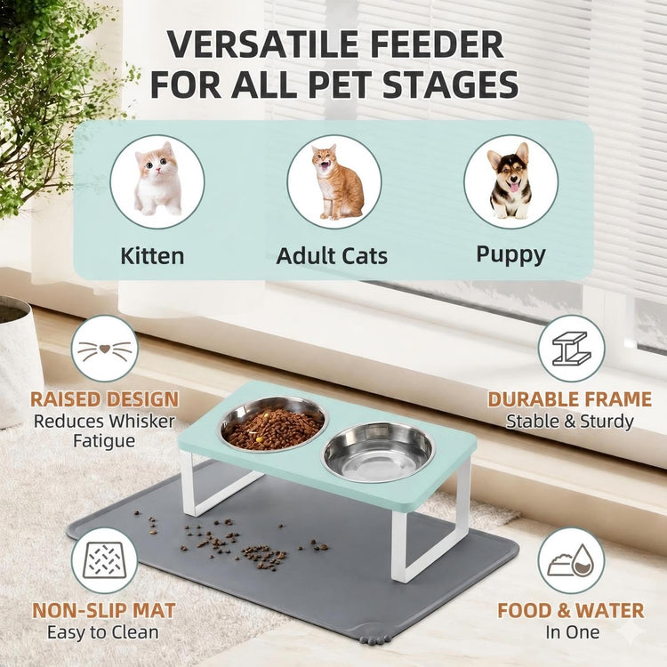 Upgraded Elevated Cat Bowls with Food Mat,15°Tilted Stand Anti Vomiting Raised Cat Dishes for Food and Water,2 Stainless Steel Bowls for Cats and Puppy