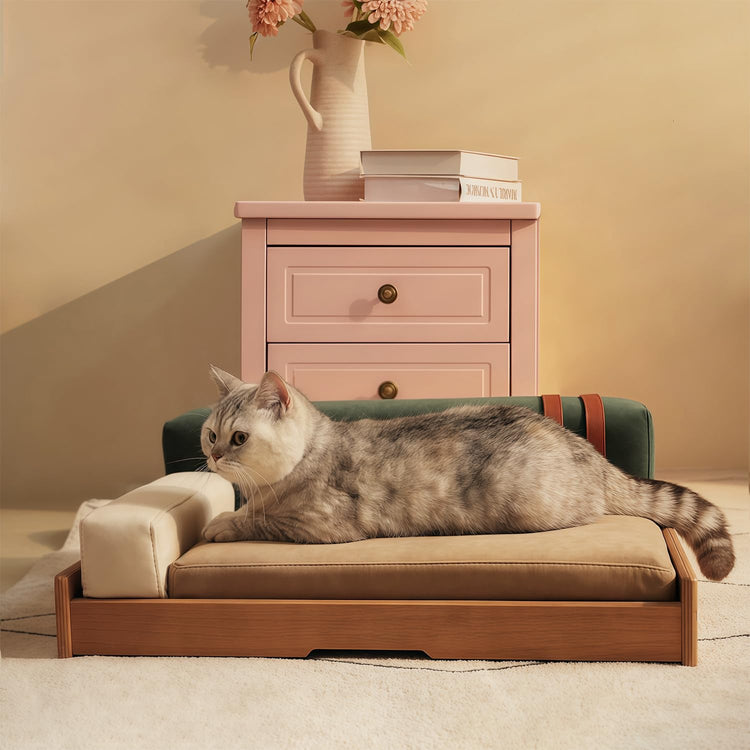 GDFStudio 27.6" Wooden Pet Bed for Cats and Dogs, Oak Veneer Frame with Washable Cushion, Scratch-Resistant Fabric, Elevated Pet Sofa Bed with Hanging Toy and Non-Slip Feet for Medium to Large Pets