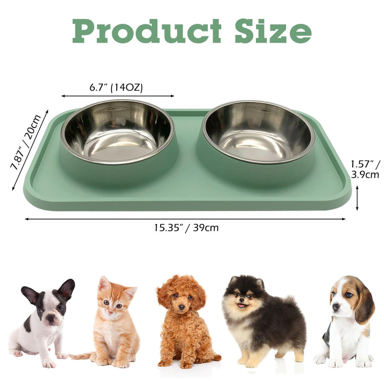 BNOSDM Double Dog Food Bowls Stainless Steel Dog Food and Water Bowls with Non-Spill Plastic Mat Pet Cat Feeder Bowl Set for Puppy Cats Kitten Small Medium Dogs Pink