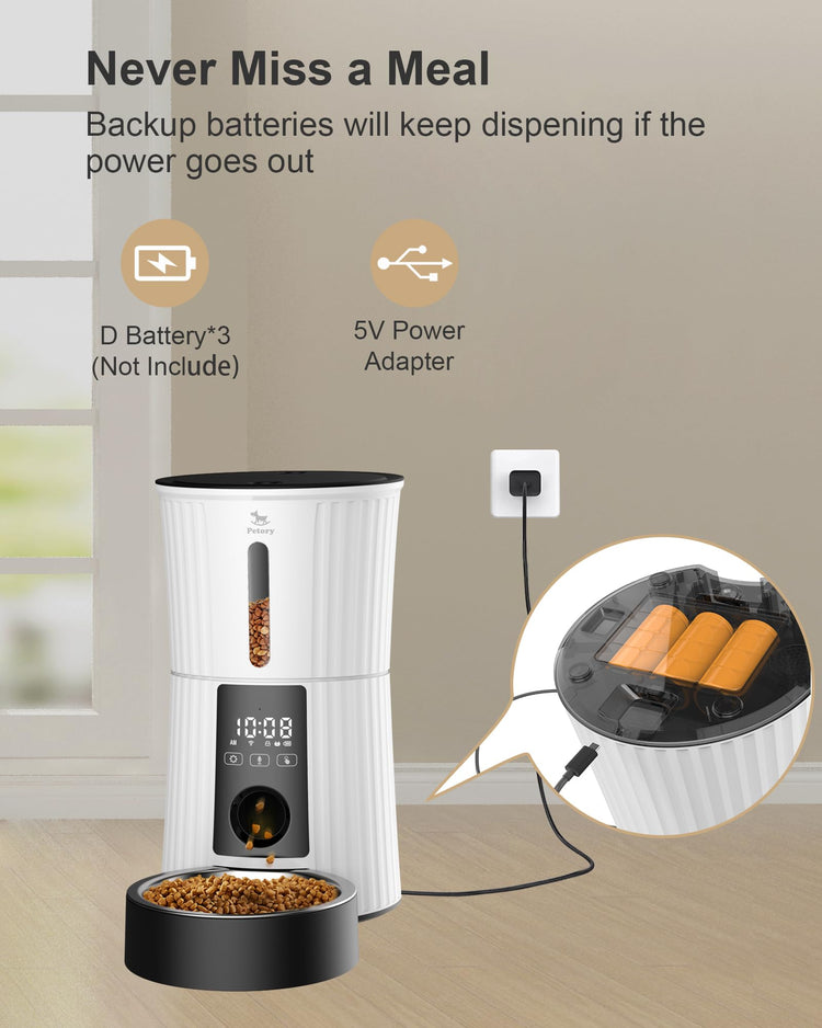 Petory Timed Automatic Cat Feeders - 4L Programable Dry Food Dispenser for Cats and Small Medium Dogs 6 Meals with Desiccant Bag Dual Power Supply 10S Voice Recorder