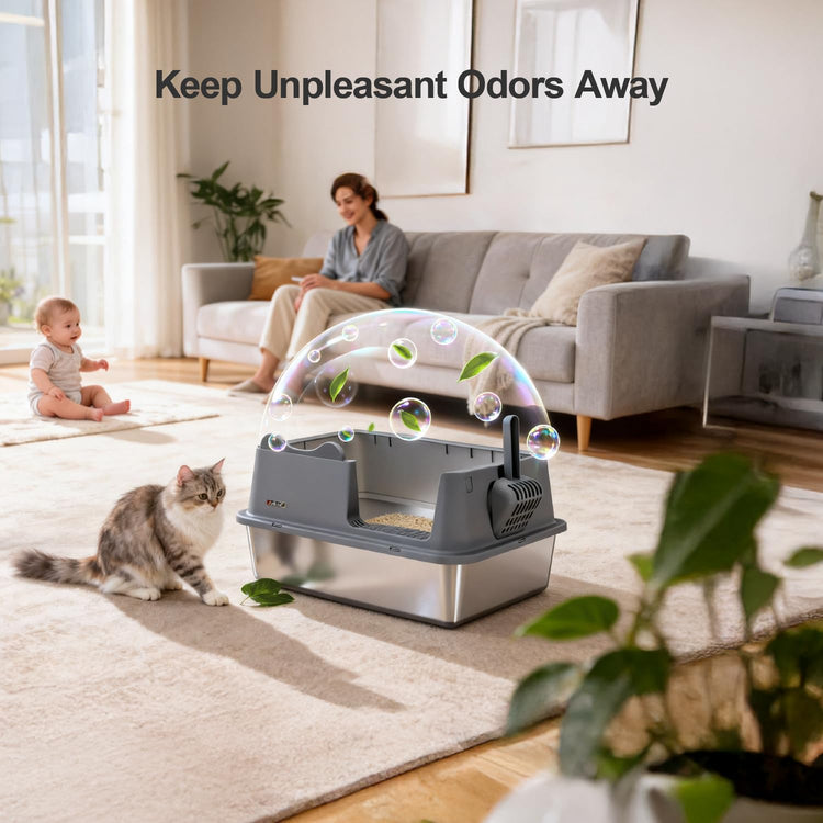Upgraded Fully Enclosed Cat Litter Box with Lid, Covered Cat Box Enclosure, Anti-Splashing Easy to Clean Kitty Litter Boxes with Drawer, 3 Modes can Use from Kitten to Adult(White&Grey)