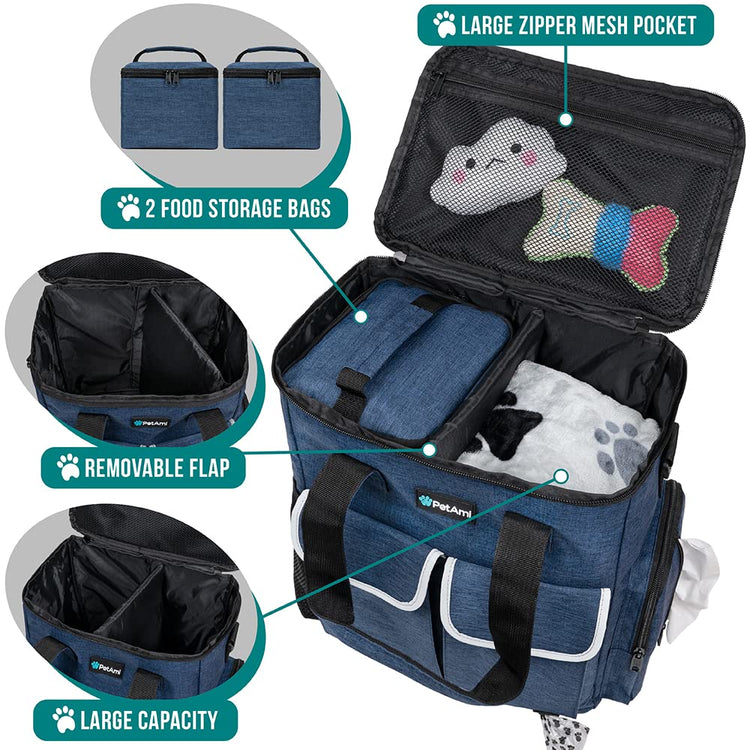 PetAmi Dog Travel Bag Pet Supplies Accessories Organizer for Traveling, Camping, Weekend; Cat Pet Travel Bag Kit Includes 2 Food Storage Containers, 2 Collapsible Bowls, 1 Feeding Mat (Purple)