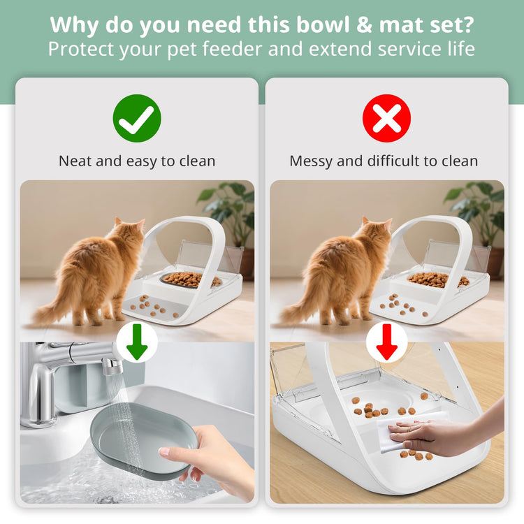 Stainless Steel Bowl for Automatic Microchip Cat Pet Feeder, Sealing Ring Design for Keeping Food Fresh and Reducing Odor, SUS 304, Easy to Clean, 2 Bowl & 1 Mat Set