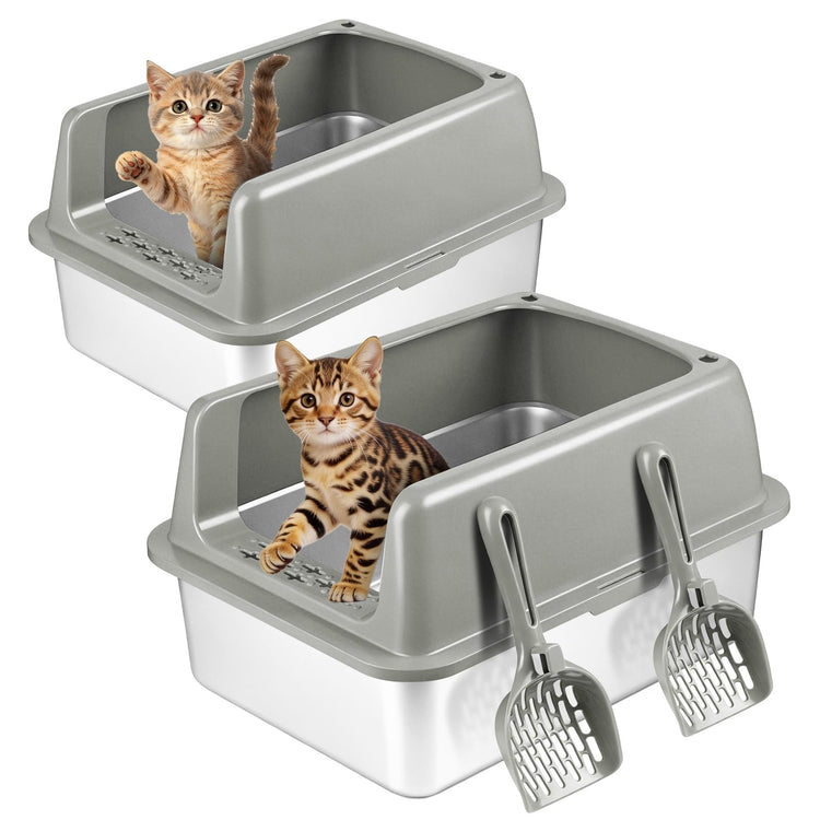 Kirecoo 2 Pack Stainless Steel Litter Box with Lid, Large Enclosed Metal Cat Litter Box Pan High Sided, Easy Clean Anti-Leakage Litterbox Tray for Indoor Big Cats, Kittens or Multicat, Scoop Included