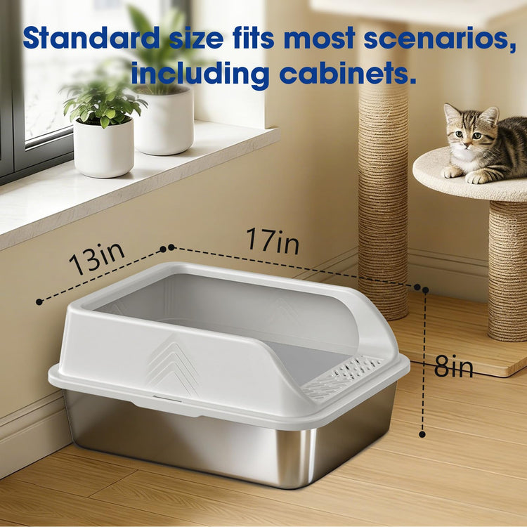 2 Pack XL Stainless Steel Litter Box, Metal Cat Litter Boxes with Lid, High Sided Enclosed Litter Boxes for Big Cat and Multiple Cats, Anti-Urine Leakage | Non-Stick Bottom & Includes Scoop