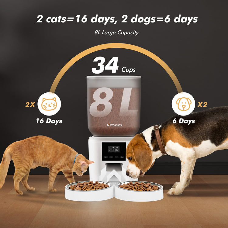 Automatic Dog Feeder - 8L/34 Cups Large Capacity Automatic Cat Food Dispenser with LCD Screen, Large Food Tray, Battery Operated, Timed Cat Feeder, Up to 50 Portions 6 Meals Per Day, Keeps Fresh
