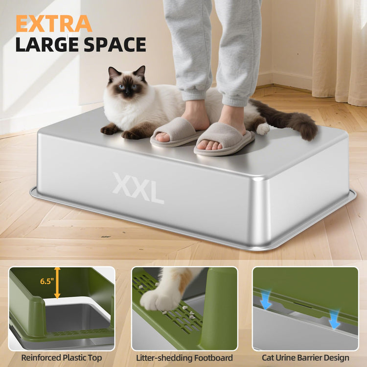 WoofiGo Enclosed Stainless Steel Cat Litter Box with Lid, XL Extra Large Litter Box for Big Cats, Metal Litter Pan High Sided, Never Absorbs Odors, Anti-Urine Leakage, Easy Cleaning, Include Scoop