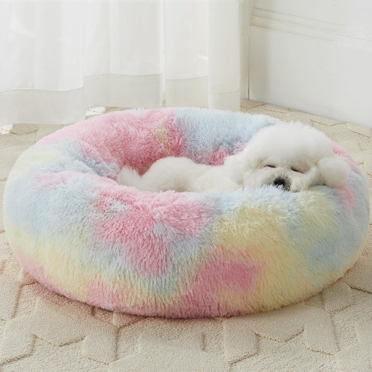 WNPETHOME Calming Dog Bed & Cat Bed, Anti-Anxiety Donut Small Dog Bed, Fluffy Faux Fur Cats Cushion Puppy Bed for Small Pets and Cats (24 x 24 inch, Light Coffee)