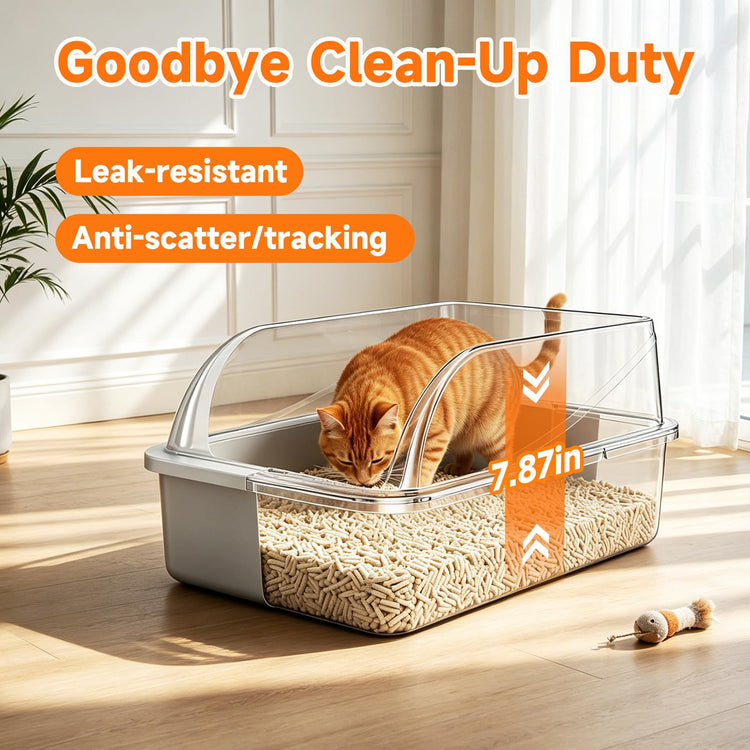 Stainless Steel High Sides Cat Litter Box with Scoop, Open Top Litter Pan for Indoor Cats, Easy to Clean, Reduced Litter Scatter, Medium