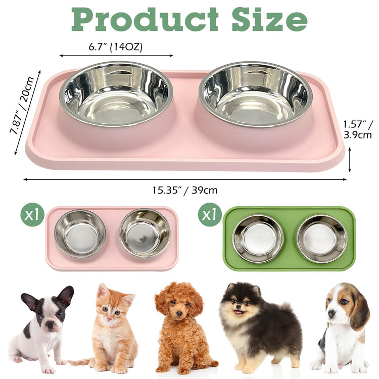 BNOSDM Double Dog Food Bowls Stainless Steel Dog Food and Water Bowls with Non-Spill Plastic Mat Pet Cat Feeder Bowl Set for Puppy Cats Kitten Small Medium Dogs Pink