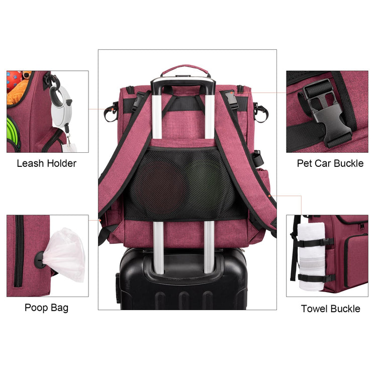 Modoker Dog Travel Bag Backpack, Airline Approved Pet Accessories Organizer for Dog and Cat with Shoulder Strap, 2 Dog Food Storage Containers, 2 Collapsible Dog Bowls,1 Pet Mat, Grey