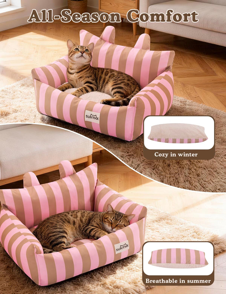 Cat Couch, Reversible Pet Bed for Indoor Cats – 2-Sided Cat Sofa with Oxford Fabric and Plush Fleece, Washable Small Dog Couch for Puppies and Senior Pets, Non-Slip Bottom, 28 inch, Pink Brown