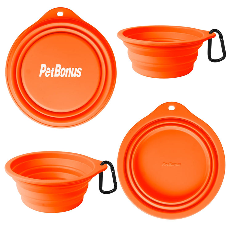 PetBonus 2-Pack Silicone Collapsible Dog Bowls, BPA Free Dishwasher Safe, Portable Foldable Expandable Travel Bowl, Food Water Feeding Cup Dish for Dogs Cats with 2 Carabiners (Turquoise, Tan)
