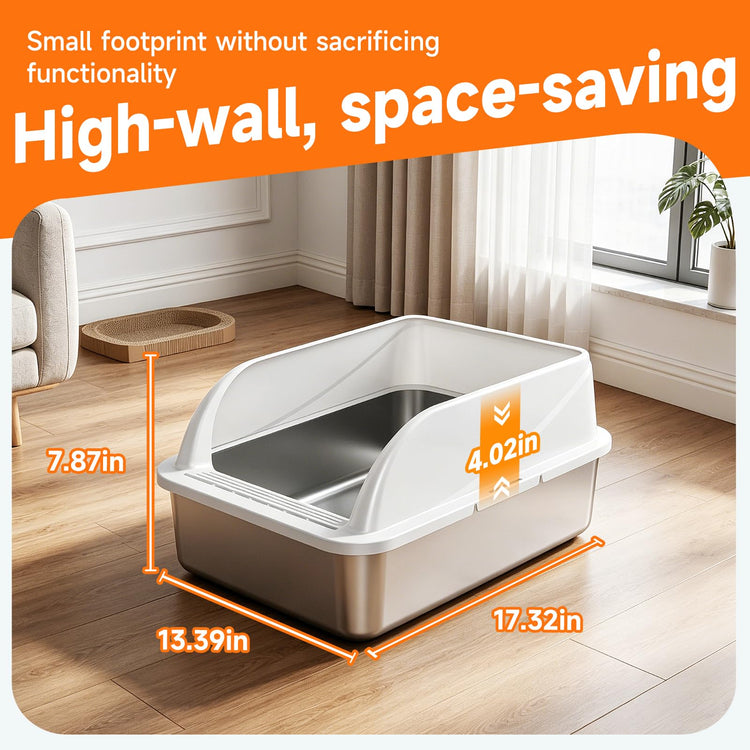 Stainless Steel High Sides Cat Litter Box with Scoop, Open Top Litter Pan for Indoor Cats, Easy to Clean, Reduced Litter Scatter, Medium