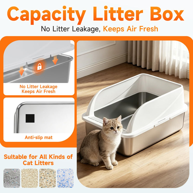 Stainless Steel High Sides Cat Litter Box with Scoop, Open Top Litter Pan for Indoor Cats, Easy to Clean, Reduced Litter Scatter, Medium