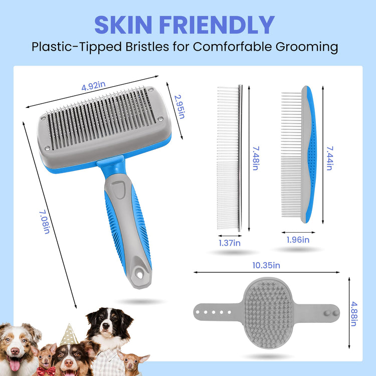 Self Cleaning Shedding Brush - 5-in-1 Professional Pet Grooming Kit Skin Friendly Grooming Tool for Dogs, Cats, and Puppies, Deshedding and Hair Removal for Long and Short Haired Pets, Blue