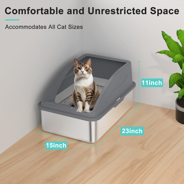 2 Pack Stainless Steel Litter Box for Kitty | Metal Kitty Litter Box with Lid High Sided for Small Cats or Injured Cats, Bunny Litter Boxes, Low Entry, Odor-Free, Non-Stick,Includes Scoop