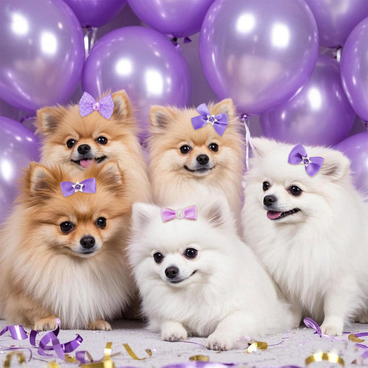 20 PCS Cute Dog Hair Bows with Rubber Bands Elastic Handmade Mix Style Lace Rhinestone Pearls for Furry Puppy Cat Pet Girl, Pink