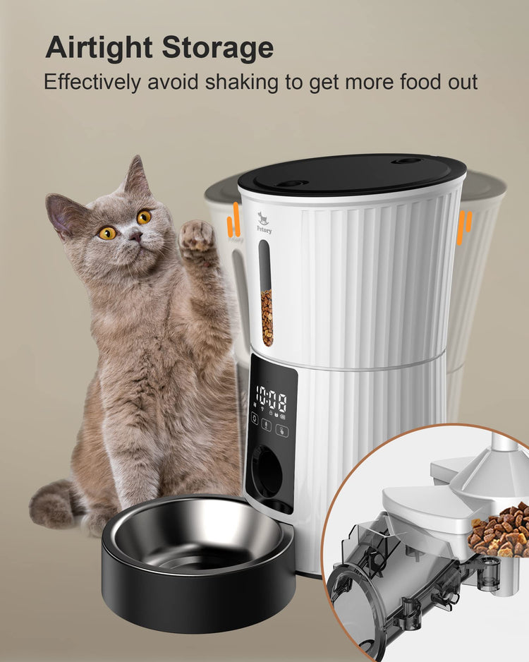 Petory Timed Automatic Cat Feeders - 4L Programable Dry Food Dispenser for Cats and Small Medium Dogs 6 Meals with Desiccant Bag Dual Power Supply 10S Voice Recorder