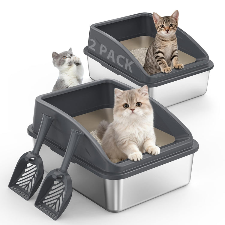 2 Pack Stainless Steel Litter Box for Kitty | Metal Kitty Litter Box with Lid High Sided for Small Cats or Injured Cats, Bunny Litter Boxes, Low Entry, Odor-Free, Non-Stick,Includes Scoop