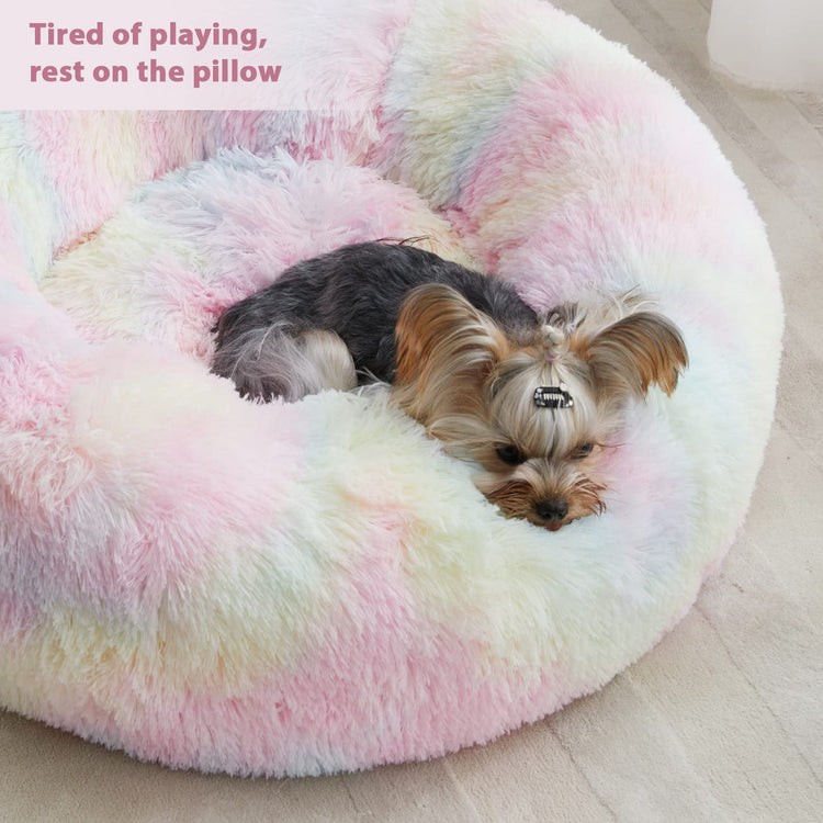 WNPETHOME Calming Dog Bed & Cat Bed, Anti-Anxiety Donut Small Dog Bed, Fluffy Faux Fur Cats Cushion Puppy Bed for Small Pets and Cats (24 x 24 inch, Light Coffee)