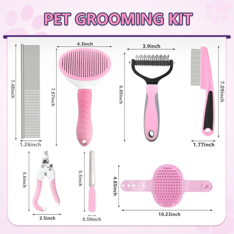 Dog Brush Grooming Kit 6PCS Dog Brush for Shedding-Dogs Brushes for Grooming, Dematting Comb for Dogs, Nail Clipper with Nail File, Flea Comb, Cat Bath Brush-Pink