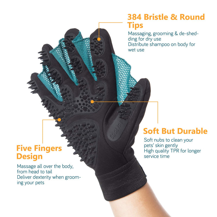 COOLJOB Patented Pet Grooming Gloves with Web, Reusable Washable Cleaning Brush Massage Hair Remover for Short Long Haired Dog Cat Horse Animal, Washing Bathing Shedding Supplies, Small, Blue Black