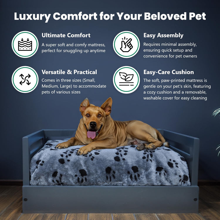 Iconic Pet Sassy Paws Wooden Pet Bed with Paw Printed Comfy Cushion for Dogs & Cats in Varying Sizes & Colors, Small-Rustic Brown