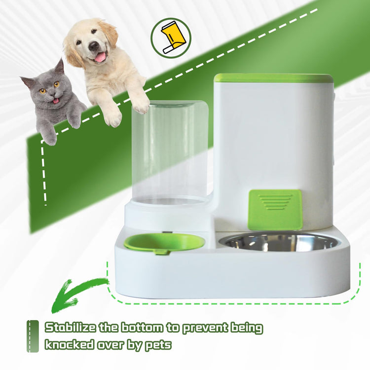 2 in 1 Automatic Cat Feeder & Water Dispenser,Gravity Pet Feeder Stainless Steel Food Water Bowl All-in-One Large Capacity Self Feeding for Cats Dogs Small Medium Pets(Green)