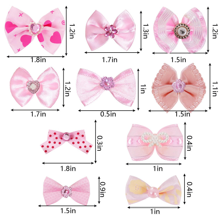20 PCS Cute Dog Hair Bows with Rubber Bands Elastic Handmade Mix Style Lace Rhinestone Pearls for Furry Puppy Cat Pet Girl, Pink