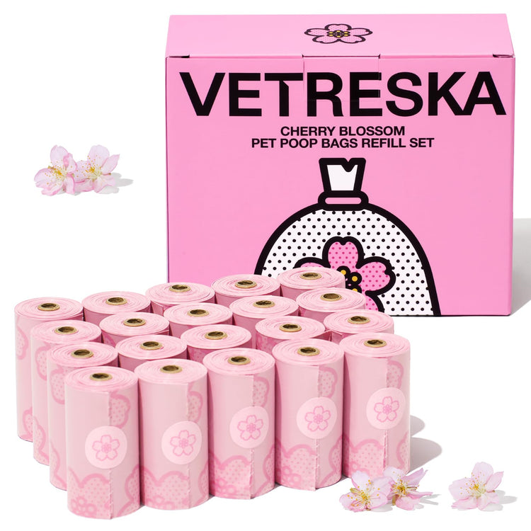 VETRESKA Dog Poop Bag Dispenser with Cherry Blossom Scented Poop Bags, Leak Proof and Extra Thick Pet Waste Bags, 1 Poop Bag Holder and 105 Bags for Dog Walking and Cats Litter, Pink