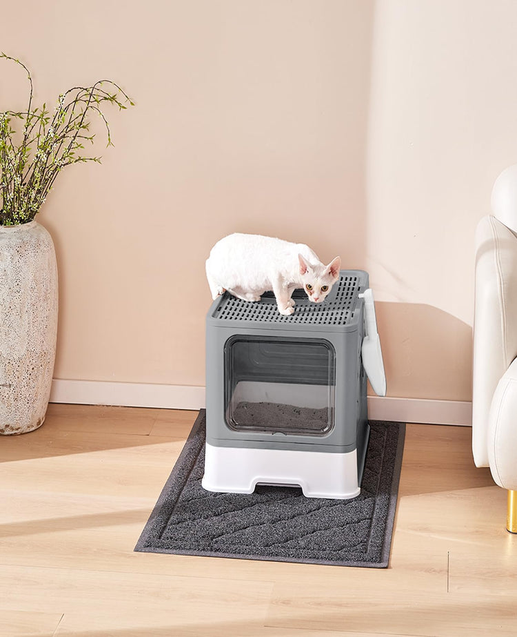 Medario Cat Litter Box with Litter Mat and Scoop, Large Covered Litter Box with Lid, Enclosed Kitty Box, Front Entry Top Exit, Odor Control, Easy to Clean (Grey)