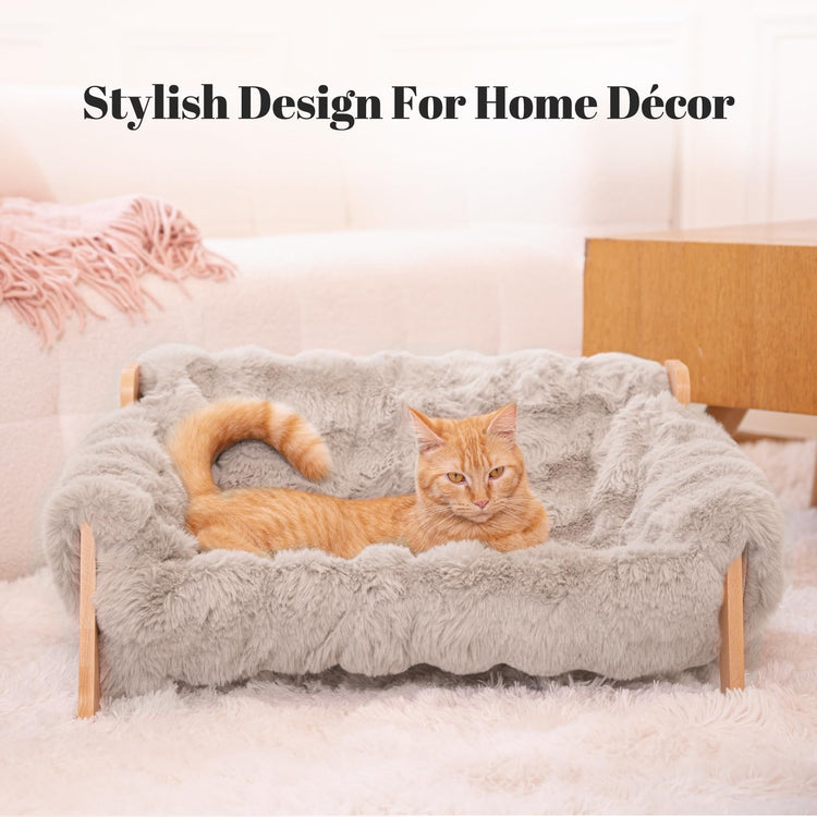 CHEERHOME PETS Elevated Cat Couch Bed for Indoor Cats, Wooden Cat Sofa with Removable Washable Fluffy Cover Raised Kitty Lounge Chair Suitable for Puppy(Cat Sofa Off-White)