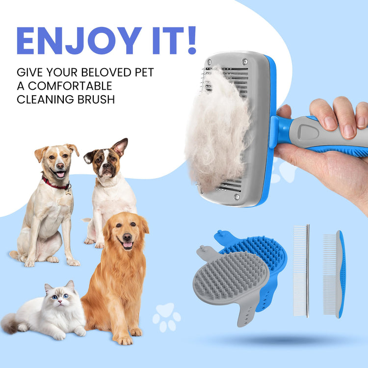 Self Cleaning Shedding Brush - 5-in-1 Professional Pet Grooming Kit Skin Friendly Grooming Tool for Dogs, Cats, and Puppies, Deshedding and Hair Removal for Long and Short Haired Pets, Blue